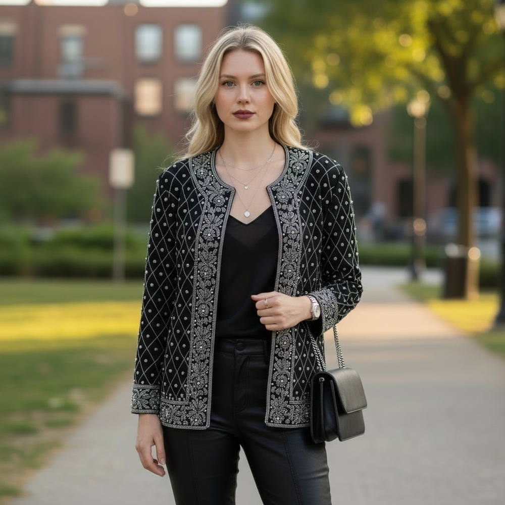 Vintage Black and Silver Beaded Jacket | Tag Size XL